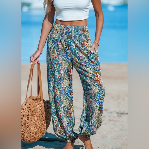 Cupshe Paisley Smocked Waist Tapered Leg Cover-Up Pants - Picture 1 of 7
